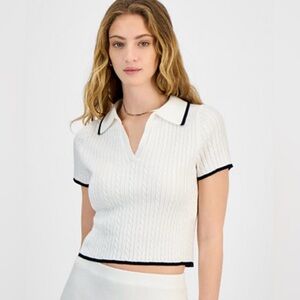 Freshman 1996 Juniors' Cable-Knit Collared V-Neck Cropped Sweater Top Size XL